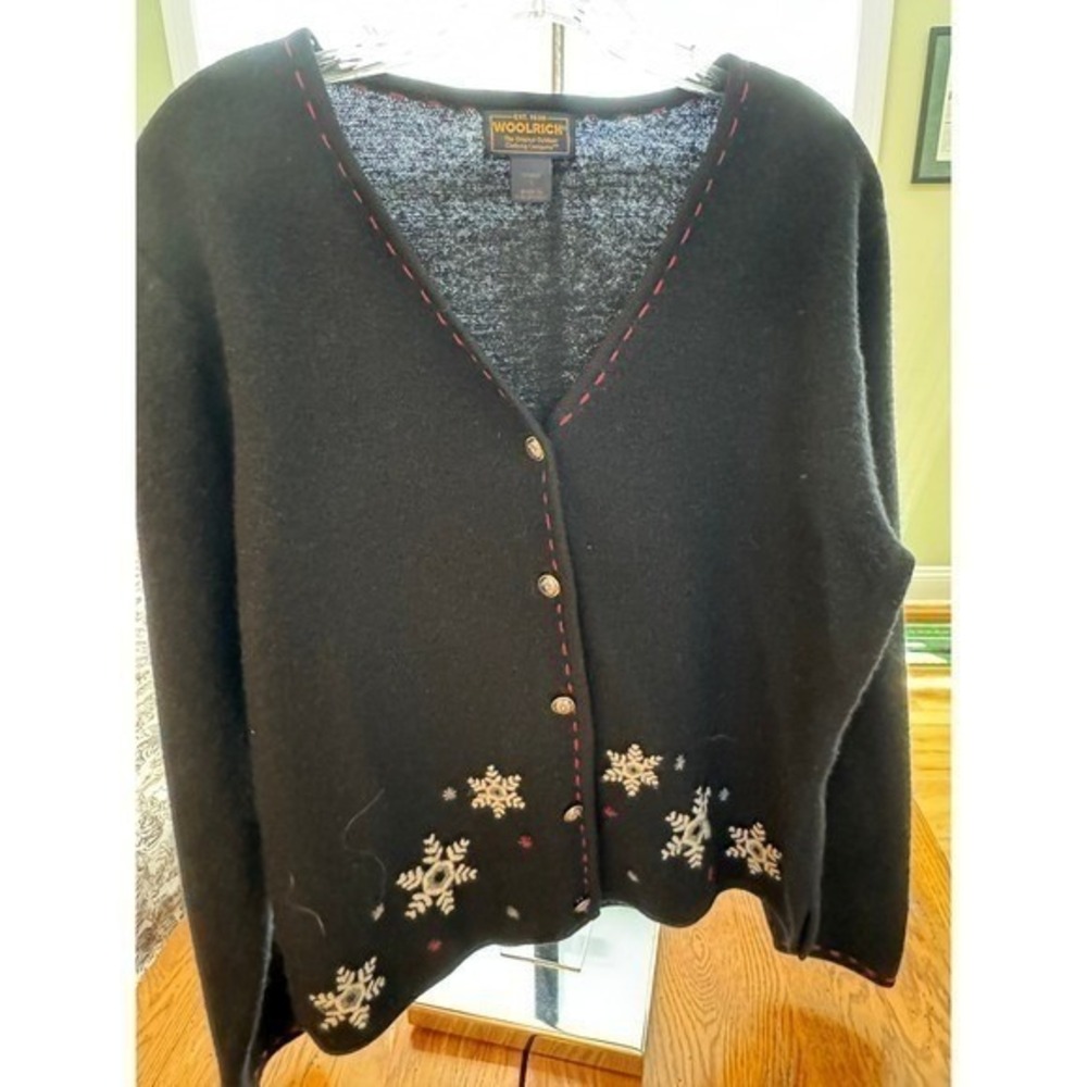 Woolrich 100% Wool Snowflake Embroidered Cardigan Sweater Black Women's‎ Large